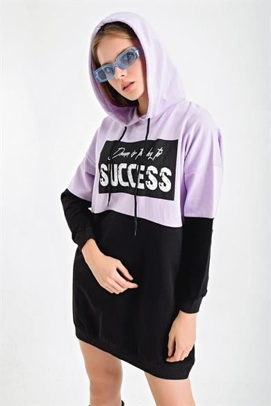 Succes Baskı Çift Renk Kapşonlu Sweat Elbise