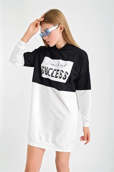 Succes Baskı Çift Renk Kapşonlu Sweat Elbise