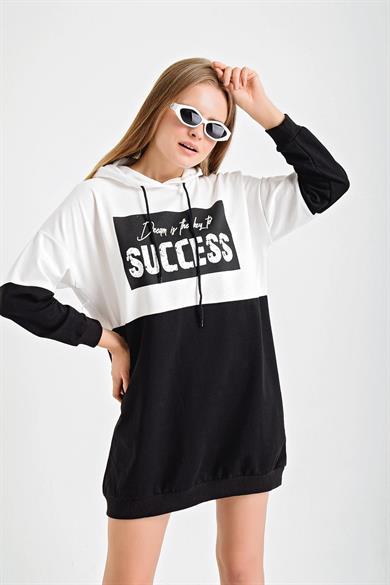 Succes Baskı Çift Renk Kapşonlu Sweat Elbise