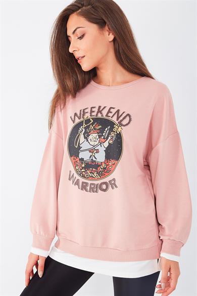 Weekend Warrior Baskılı Bisiklet Yaka Sweatshirt