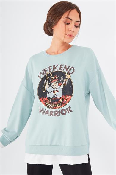 Weekend Warrior Baskılı Bisiklet Yaka Sweatshirt