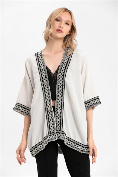 Yakası Kolu Nakışlı Kimono Keten Hırka