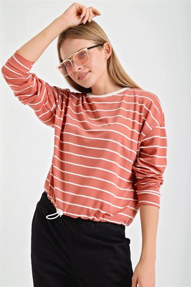 Yatay Çizgili Lastik Detaylı Bisiklet Yaka Sweatshirt
