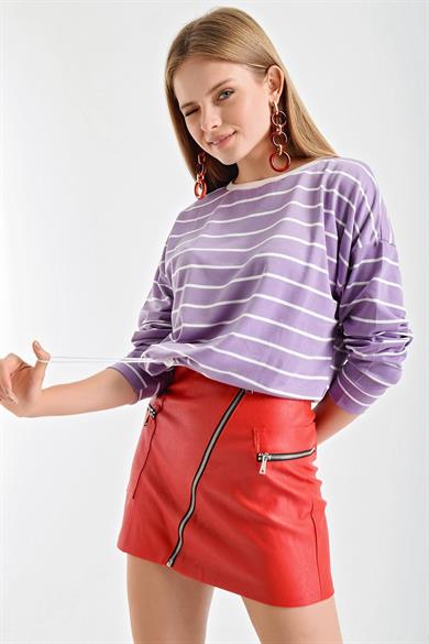Yatay Çizgili Lastik Detaylı Bisiklet Yaka Sweatshirt