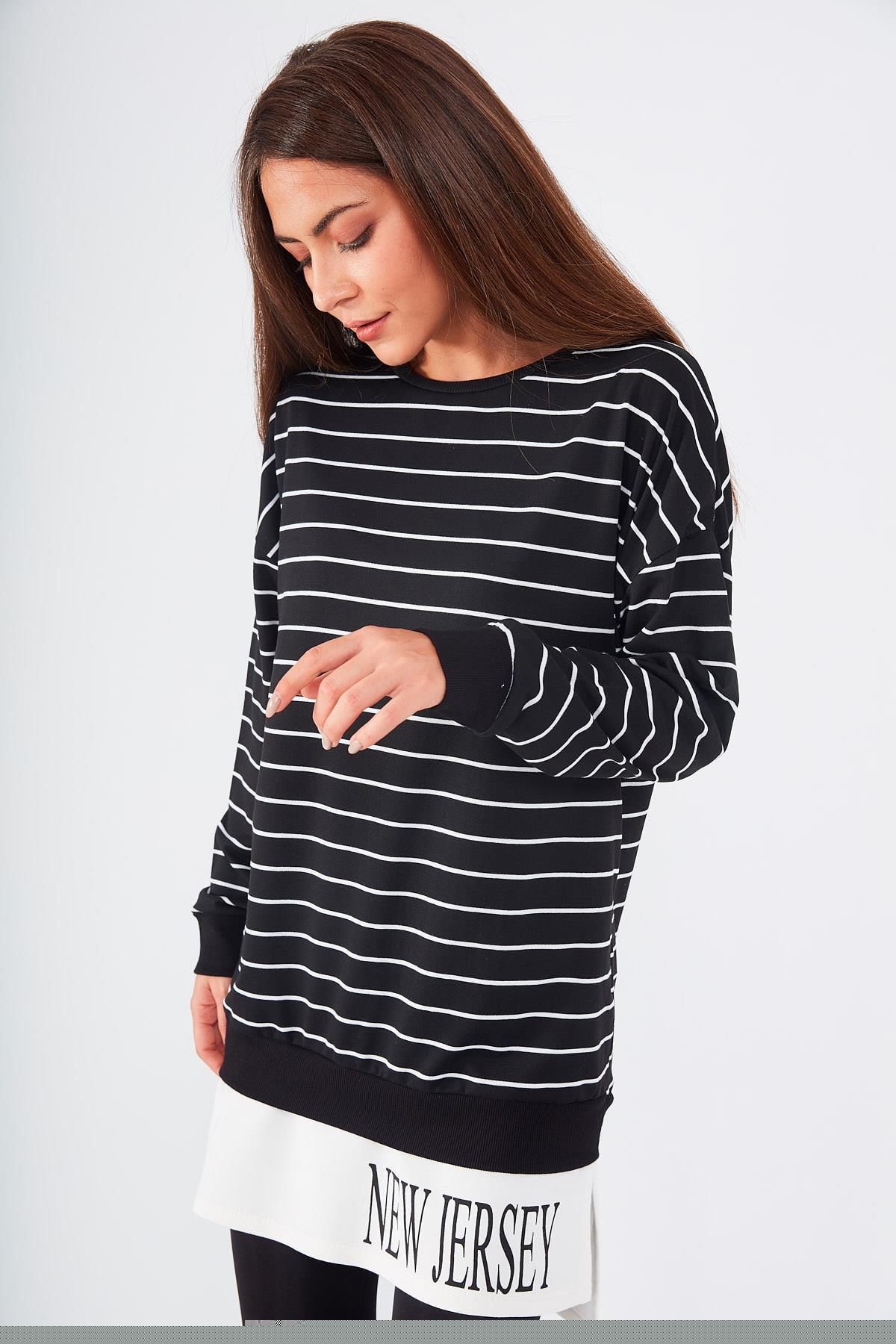 Çift Görünümlü New Jersey Baskılı Yatay Çizgili Sweat Elbise