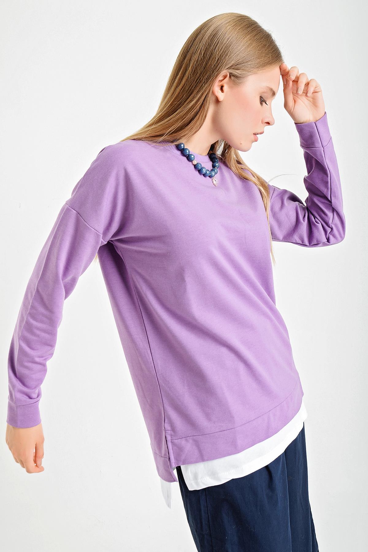 Eteği Çift Görünüm Detaylı Bisiklet Yaka Sweatshirt