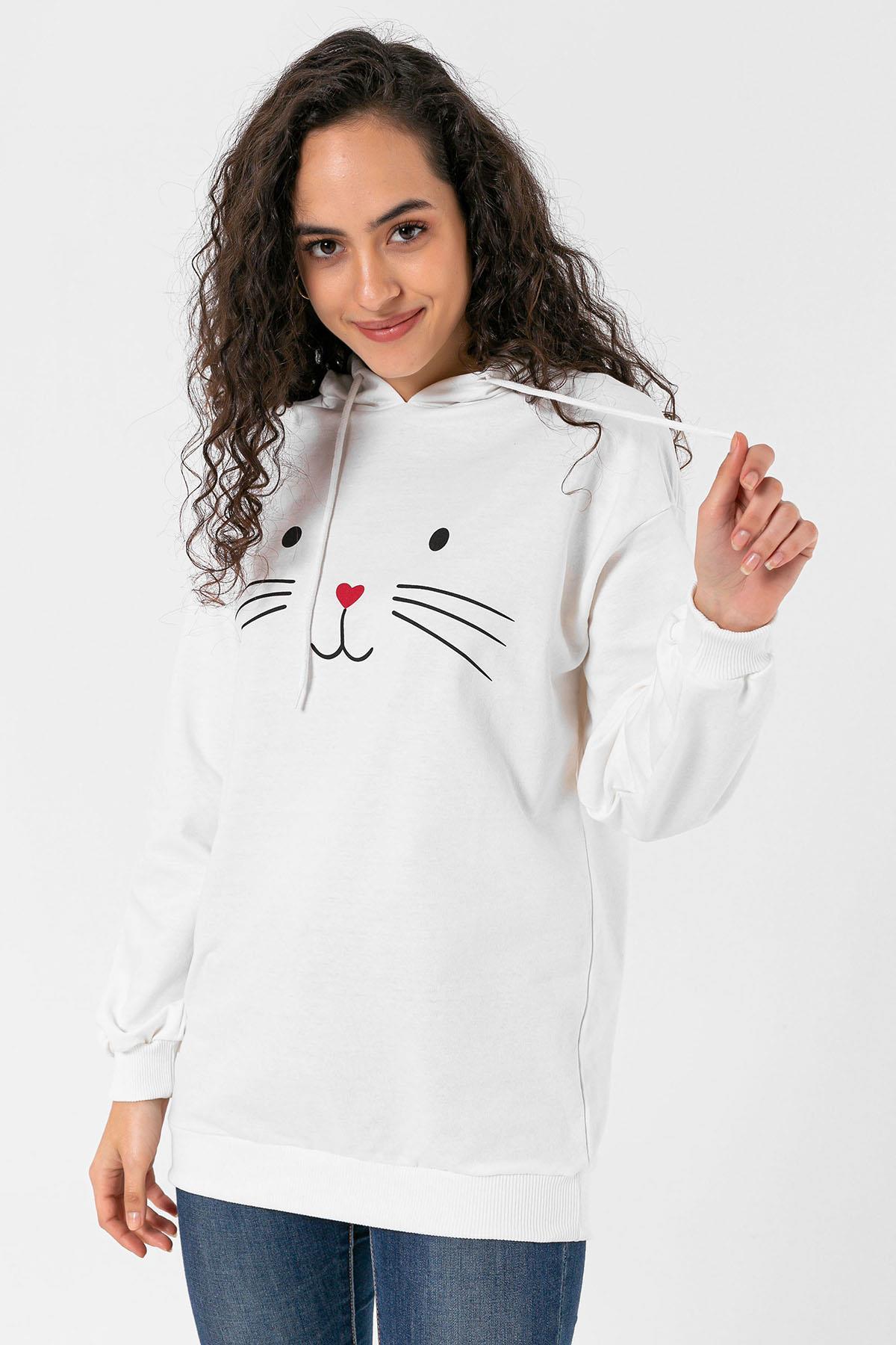 Kadı Önü Baskı Detaylı Kapüşonlu Oversize Sweatshirt