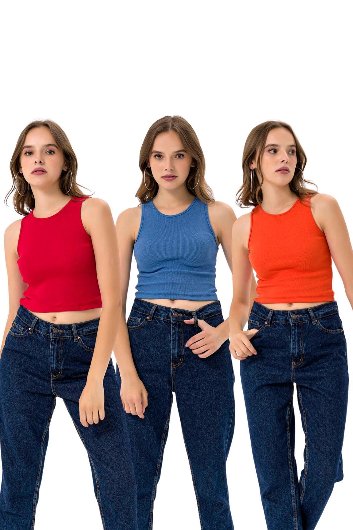Kadın 3'lü Paket Bisiklet Yaka Pamuklu Örme Bluz