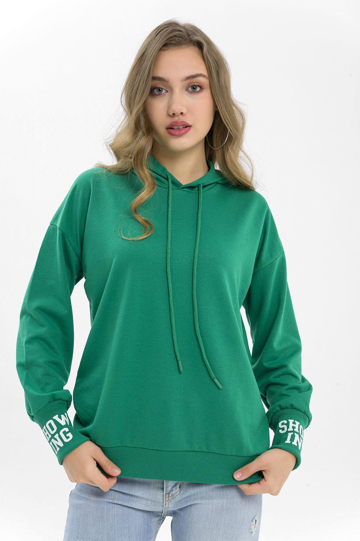 Kadın Arkası Kolu Baskı Detaylı Kapüşonlu Oversize Sweatshirt