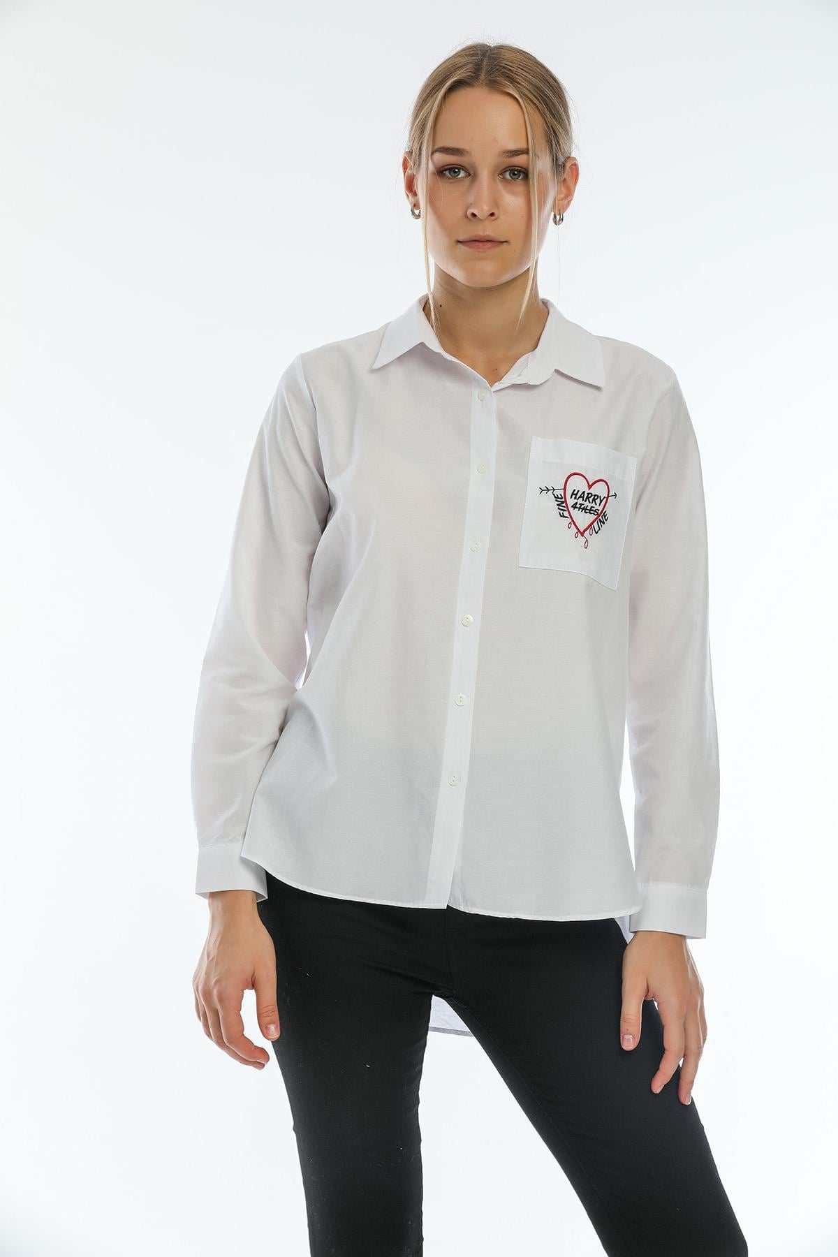 Kadın Arkası Uzun Cebi Nakış İşlemeli Poplin Gömlek