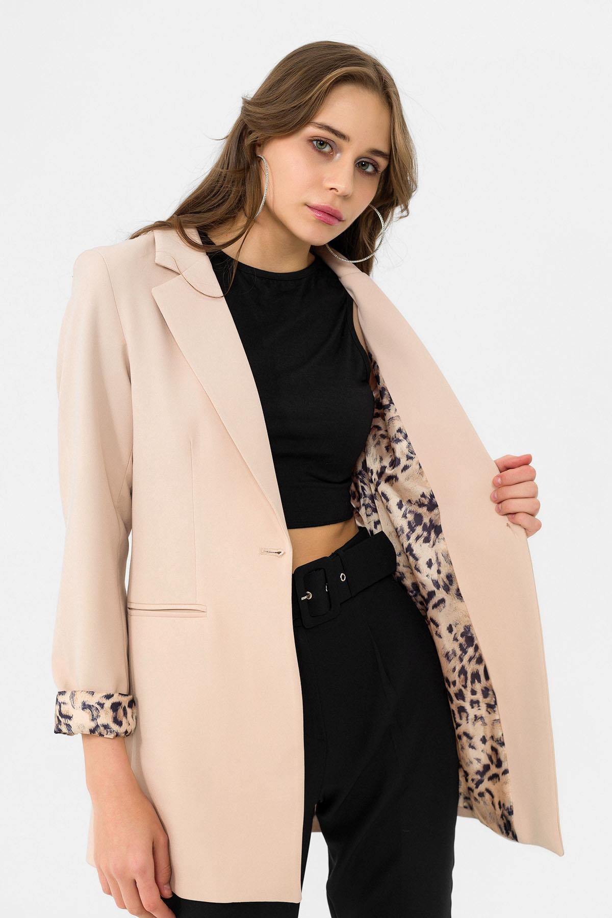 Kadın Astarı Leopar Desenli Tek Düğme Kapamalı Blazer Ceket 235306 -
