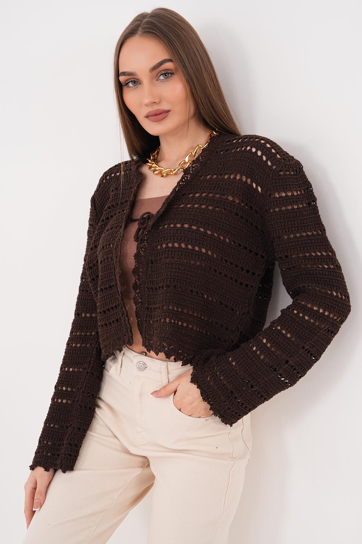 Kadın Bağcık Kapamalı Triko Örme Kısa Hırka 260534 -