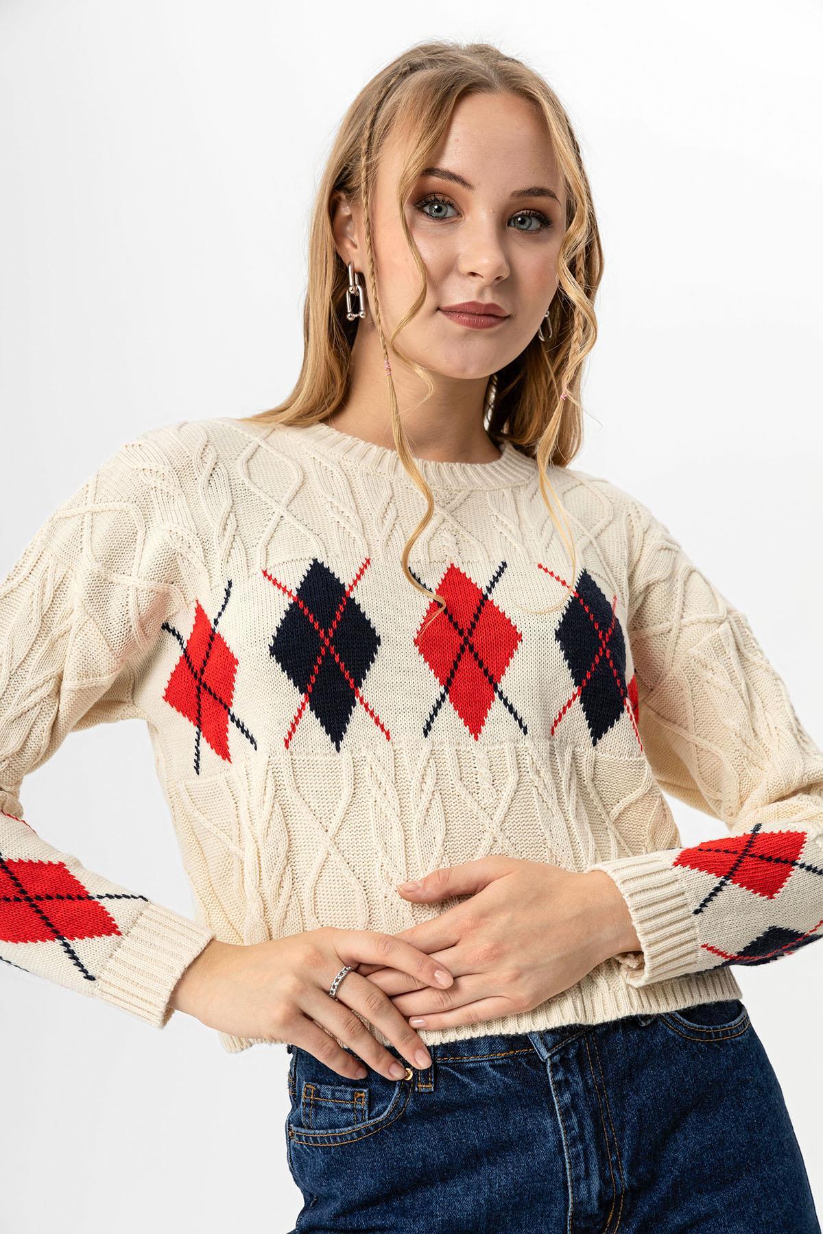 Kadın Baklava Desenli Salaş Triko Örme Kazak