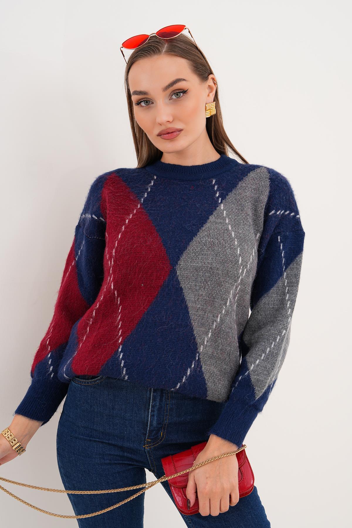 Kadın Baklava Desenli Triko Örme Kazak 255142 -