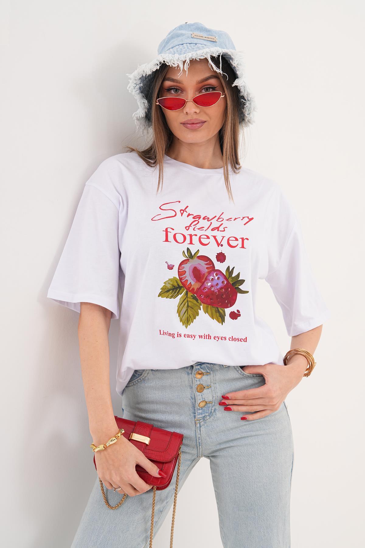 Kadın Baskı Detaylı Bisiklet Yaka Oversize Tişört - 260062