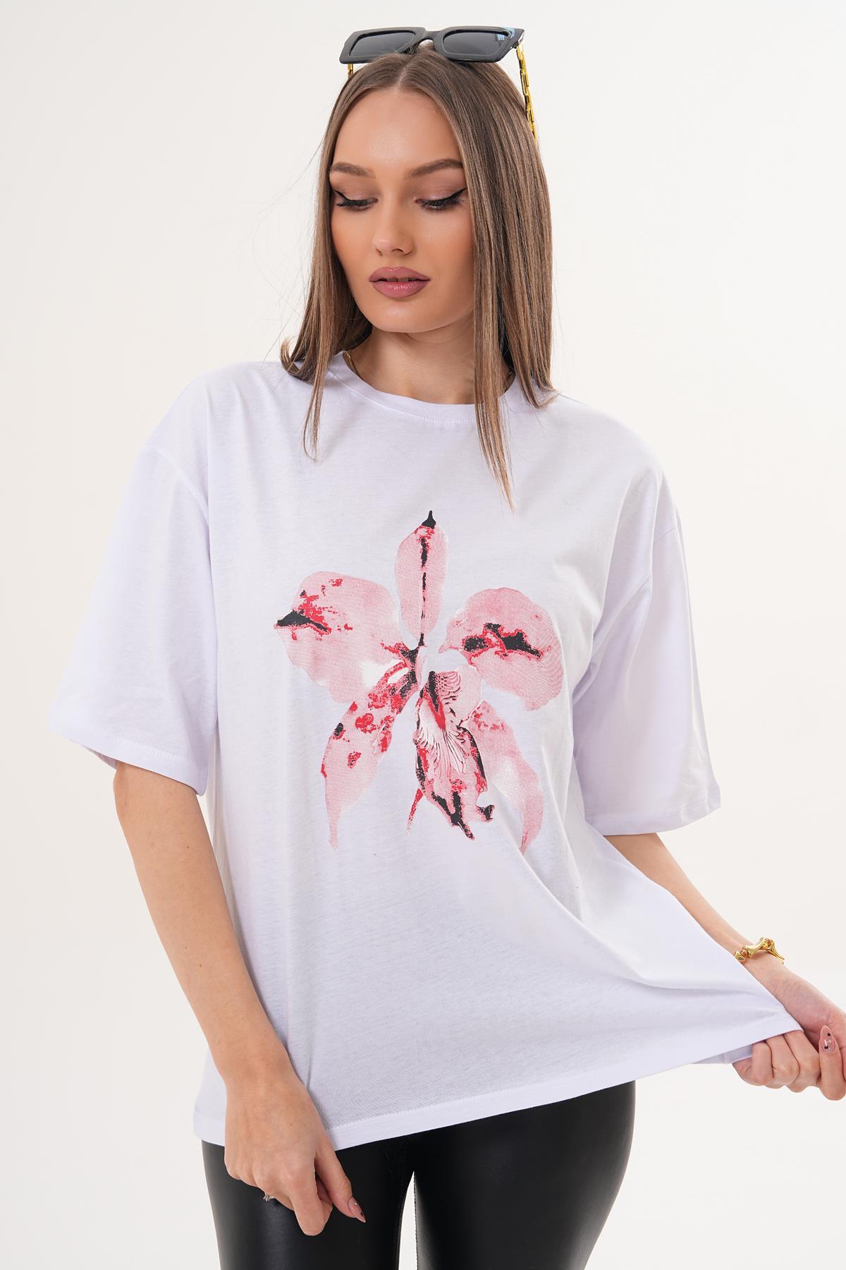 Kadın Baskı Detaylı Bisiklet Yaka Oversize Tişört - 260061