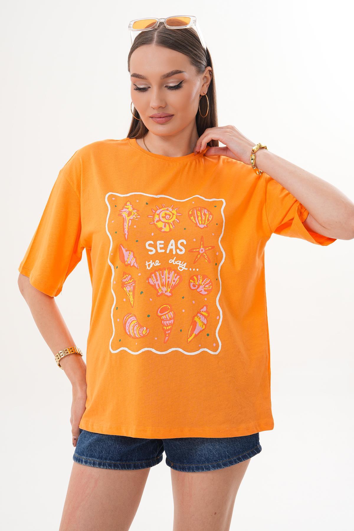 Kadın Baskı Detaylı Bisiklet Yaka Oversize Tişört 260156 -