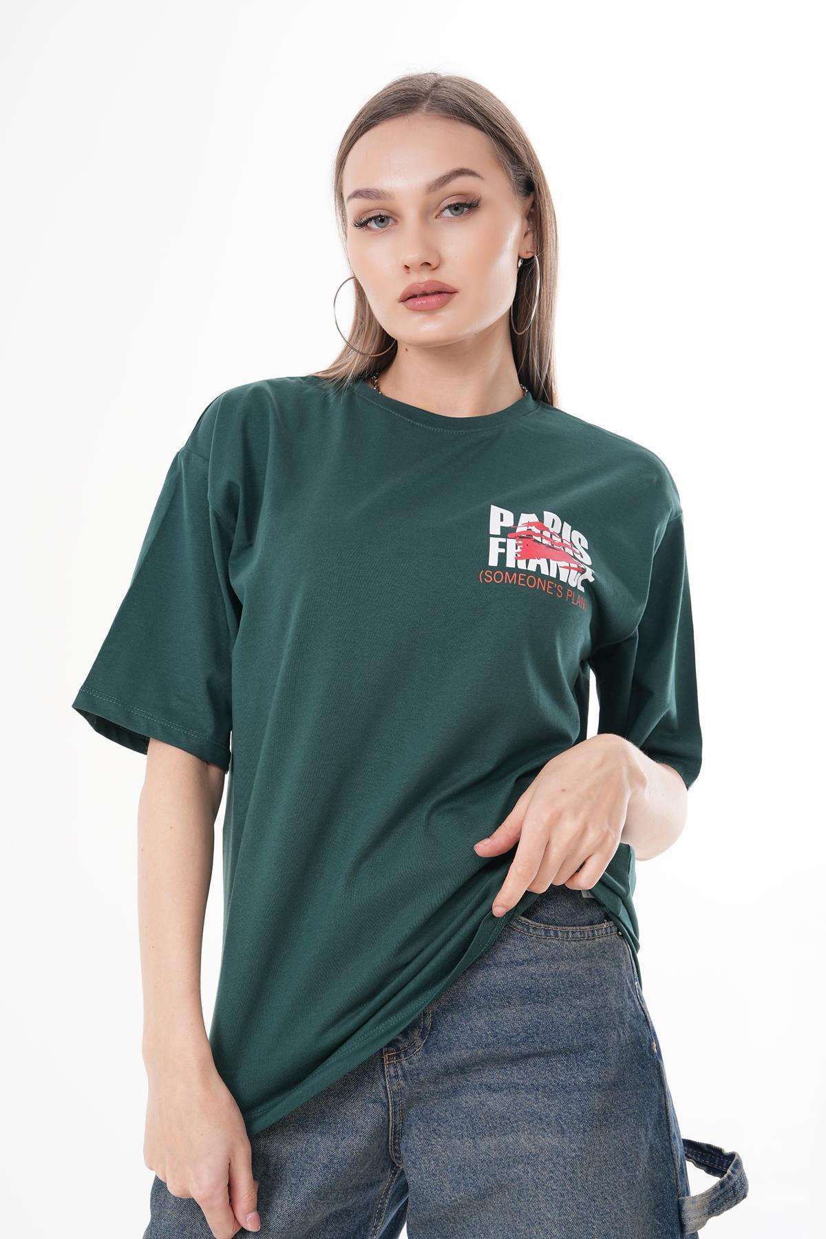 Kadın Baskı Detaylı Bisiklet Yaka Oversize Tişört 250153 -