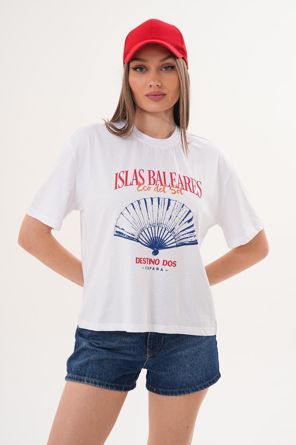 Kadın Baskı Detaylı Bisiklet Yaka Oversize Tişört - 260148