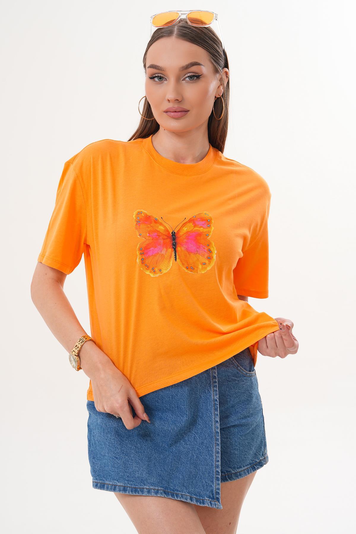 Kadın Baskı Detaylı Bisiklet Yaka Oversize Tişört 260143 -