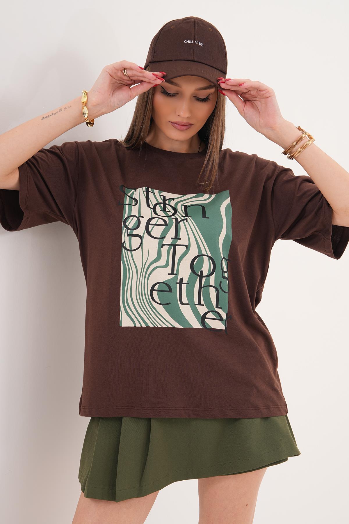 Kadın Baskı Detaylı Bisiklet Yaka Oversize Tişört - 260065