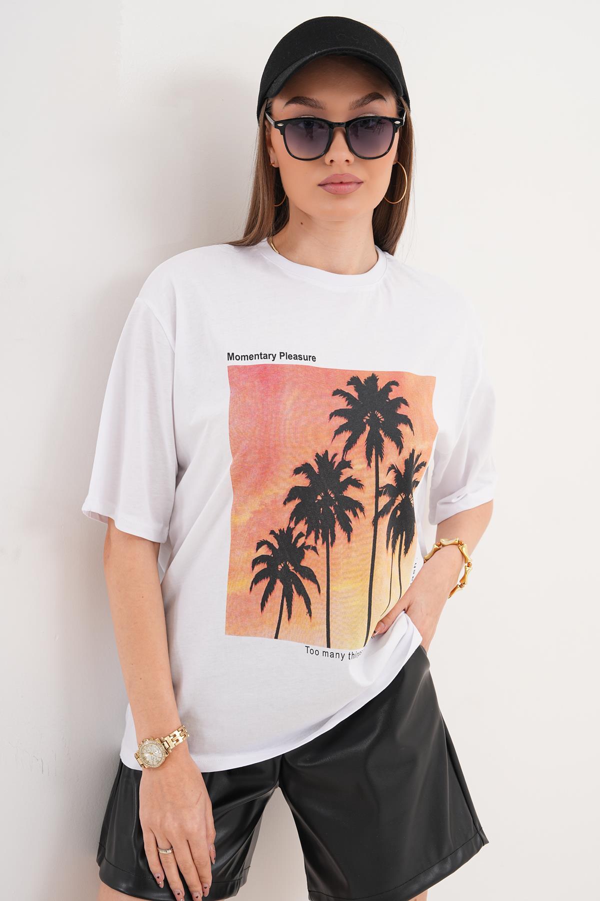 Kadın Baskı Detaylı Bisiklet Yaka Overize Tişört 260071 -