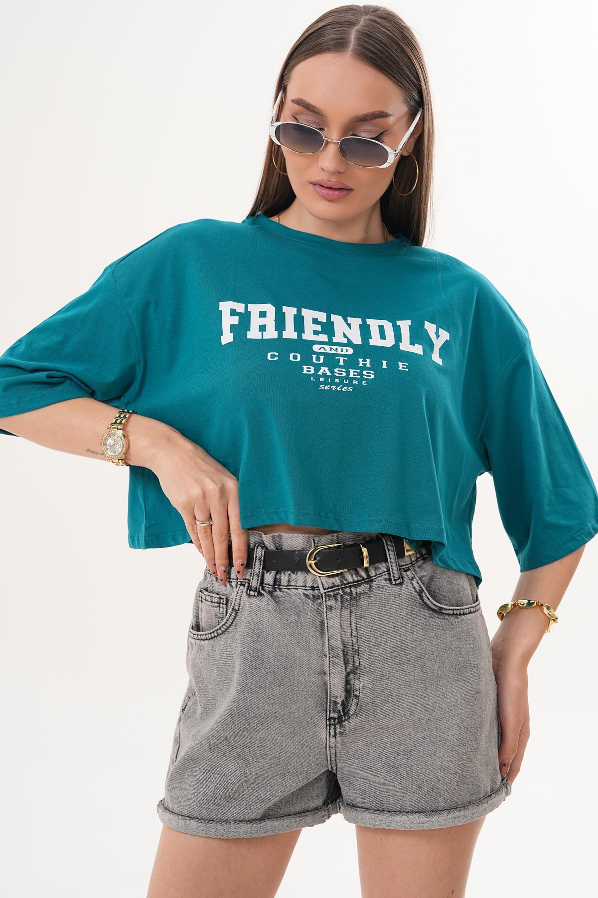 Kadın Baskı Detaylı Bisiklet Yaka Oversize Kısa Tişört 260130 -