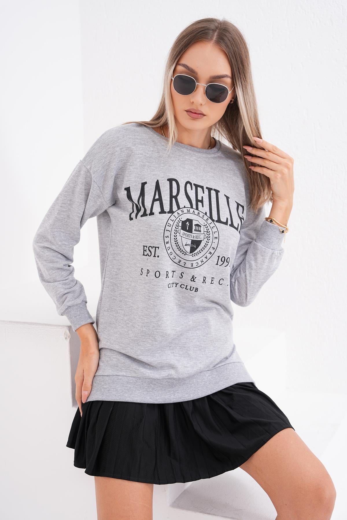 Kadın Baskı Detaylı İki İplik Yırtmaç Detaylı Sweatshirt 245223 -