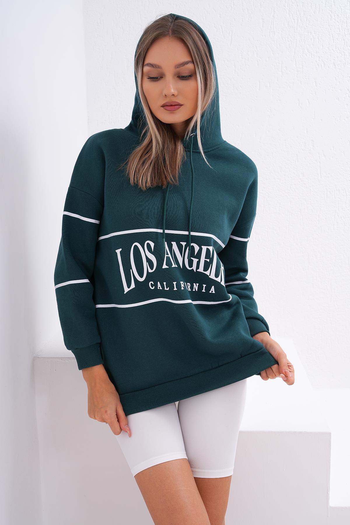 Kadın Baskı Detaylı Kapüşonlu Üç İplik Sweatshirt 245130 -