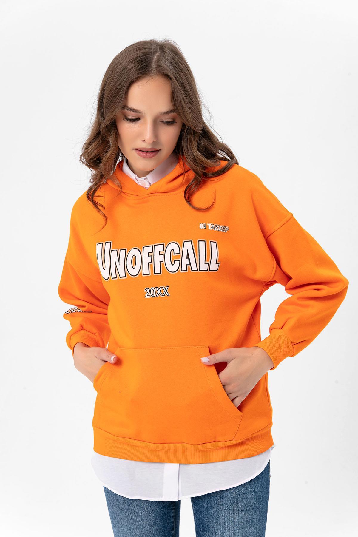Kadın Baskı Detaylı Kapüşonlu Üç İplik Oversize Sweatshirt 235007 -