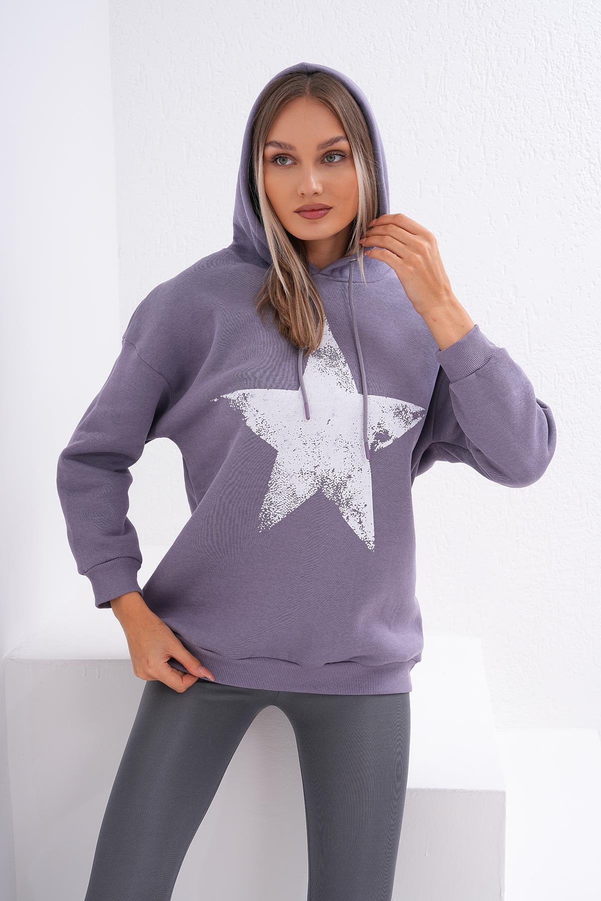 Kadın Baskı Detaylı Kapüşonlu Üç İplik Sweatshirt 245215 -