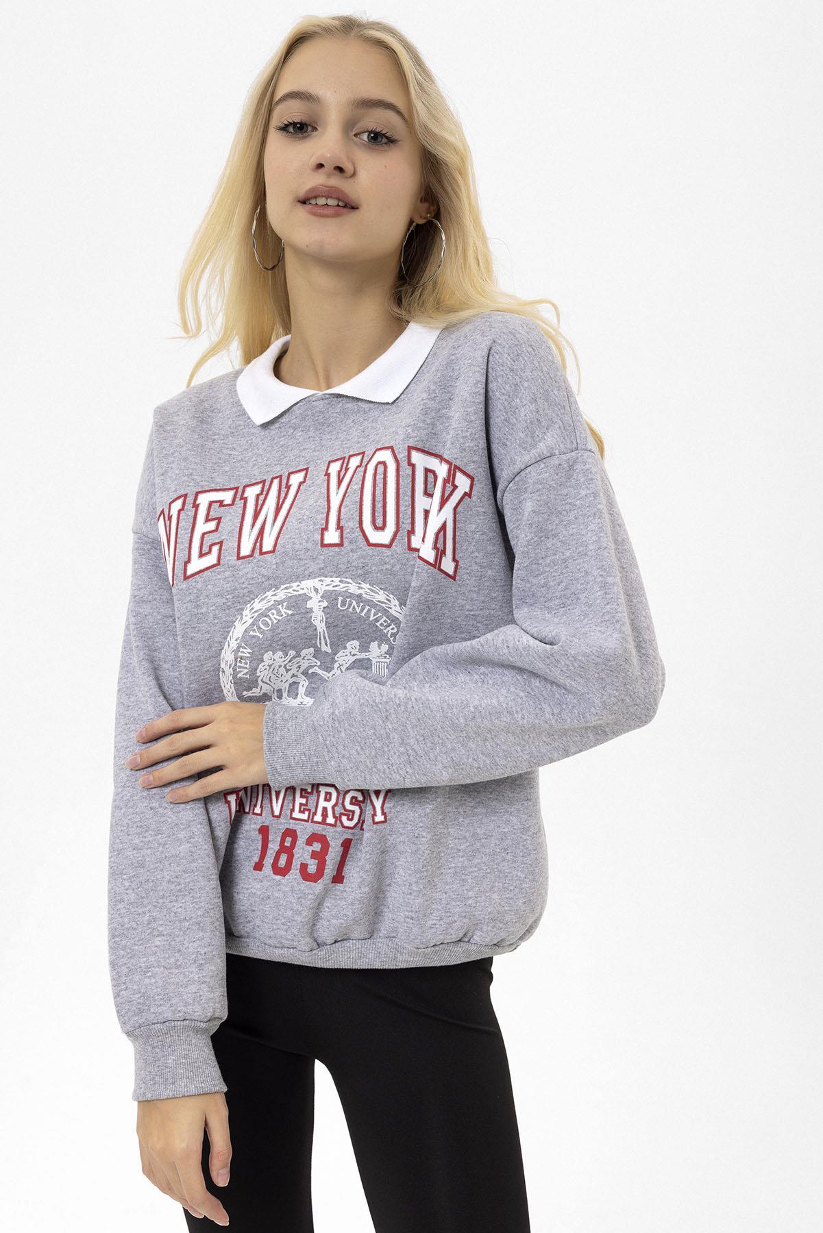 Kadın Baskı Detaylı Polo Yaka Sweatshirt