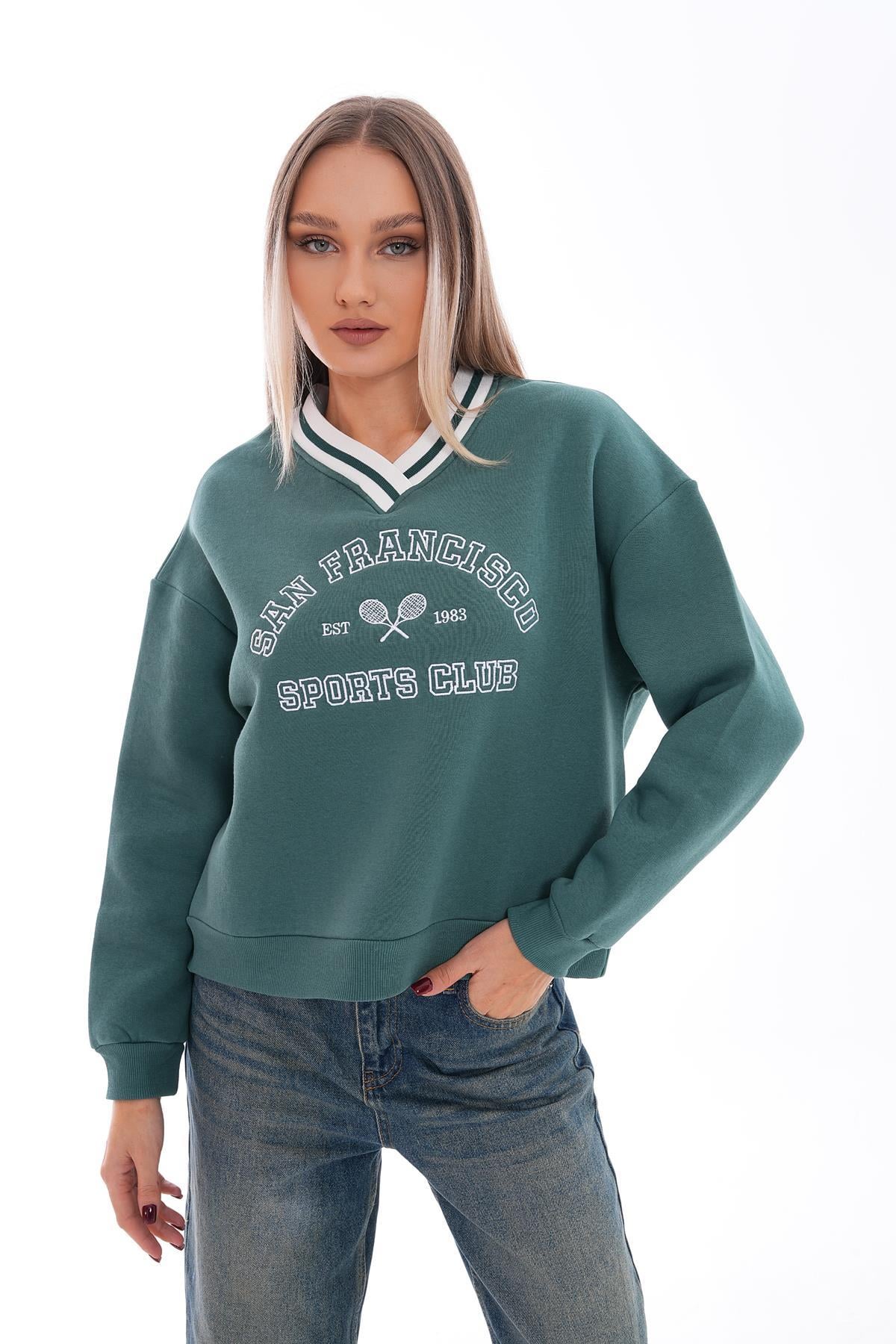 Kadın Baskı Detaylı V Yaka Üç İplik Sweatshirt 245303 -