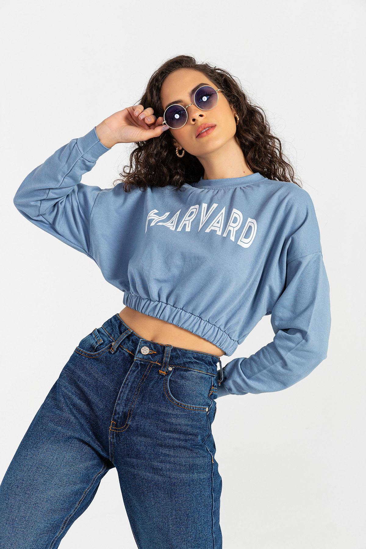 Kadın Baskılı Altı Lastikli Kısa Sweatshirt