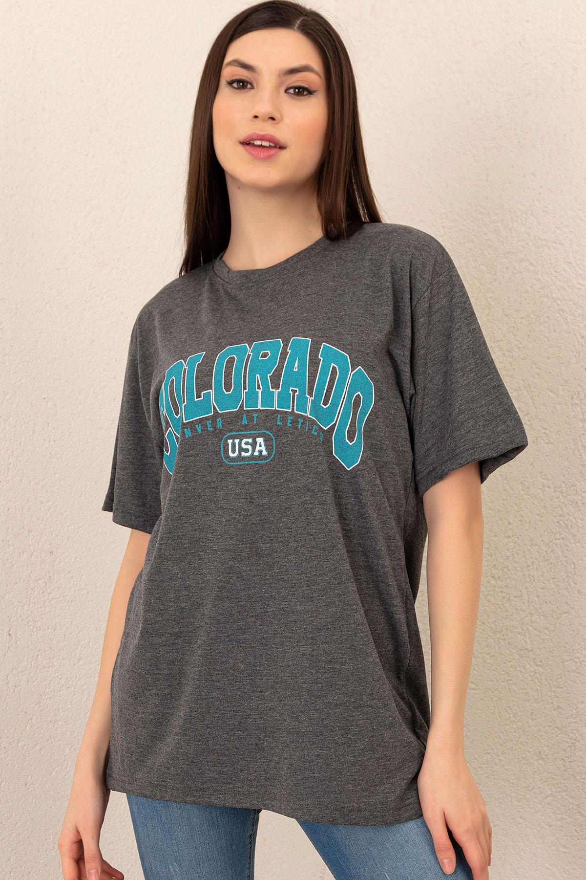 Kadın Baskılı Bisiklet Yaka Tshirt