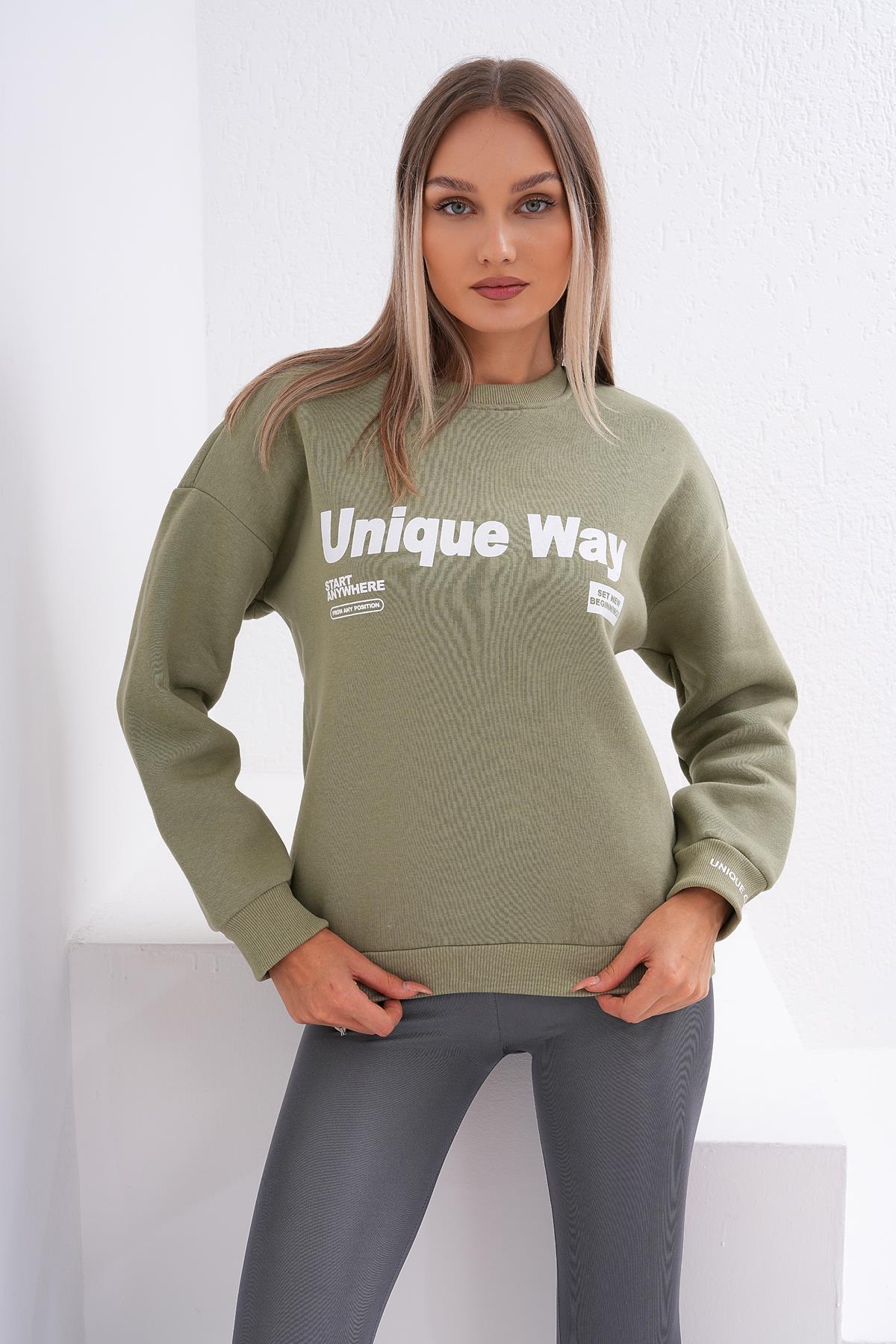 Kadın Baskılı Bisiklet Yaka Üç İplik Sweatshirt 245185 -
