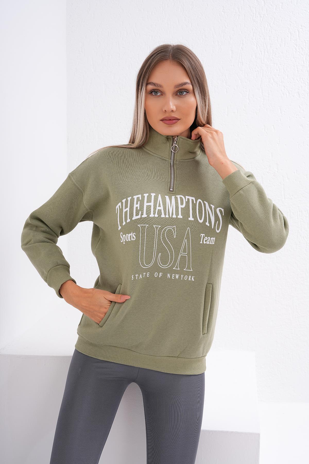 Kadın Baskılı Yaka Yarım Fermuarlı Cep Detaylı Üç İplik Sweatshirt 245274 -