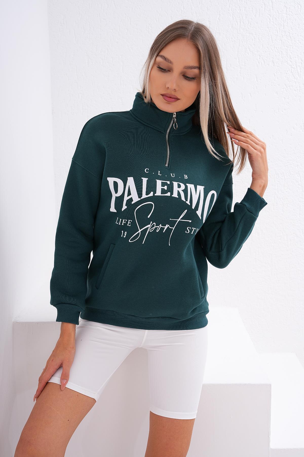 Kadın Baskılı Yaka Yarım Fermuarlı Cep Detaylı Üç İplik Sweatshirt 245129 -