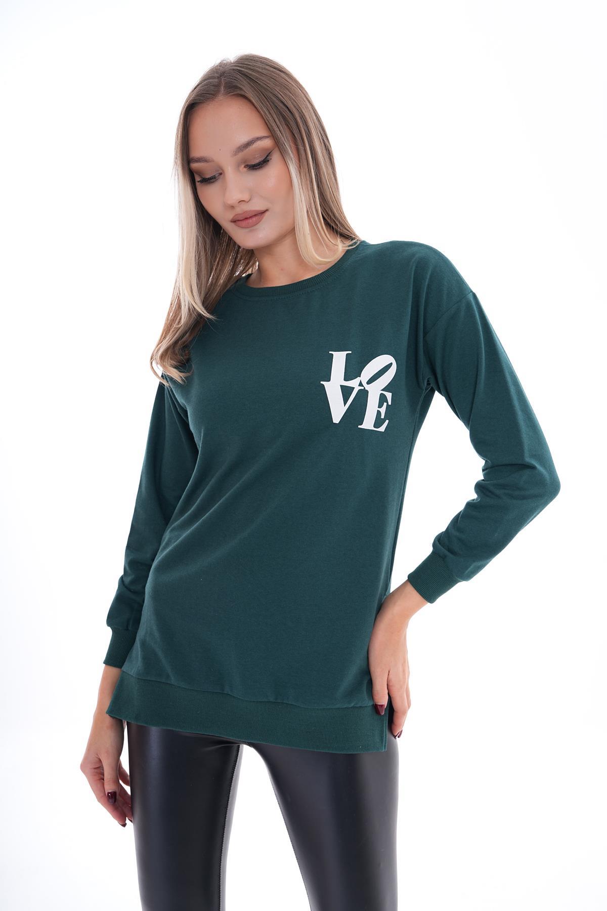 Kadın Baskılı Yan Yırtmaç Detaylı Bisiklet Yaka İki İplik Sweatshirt 245250 -