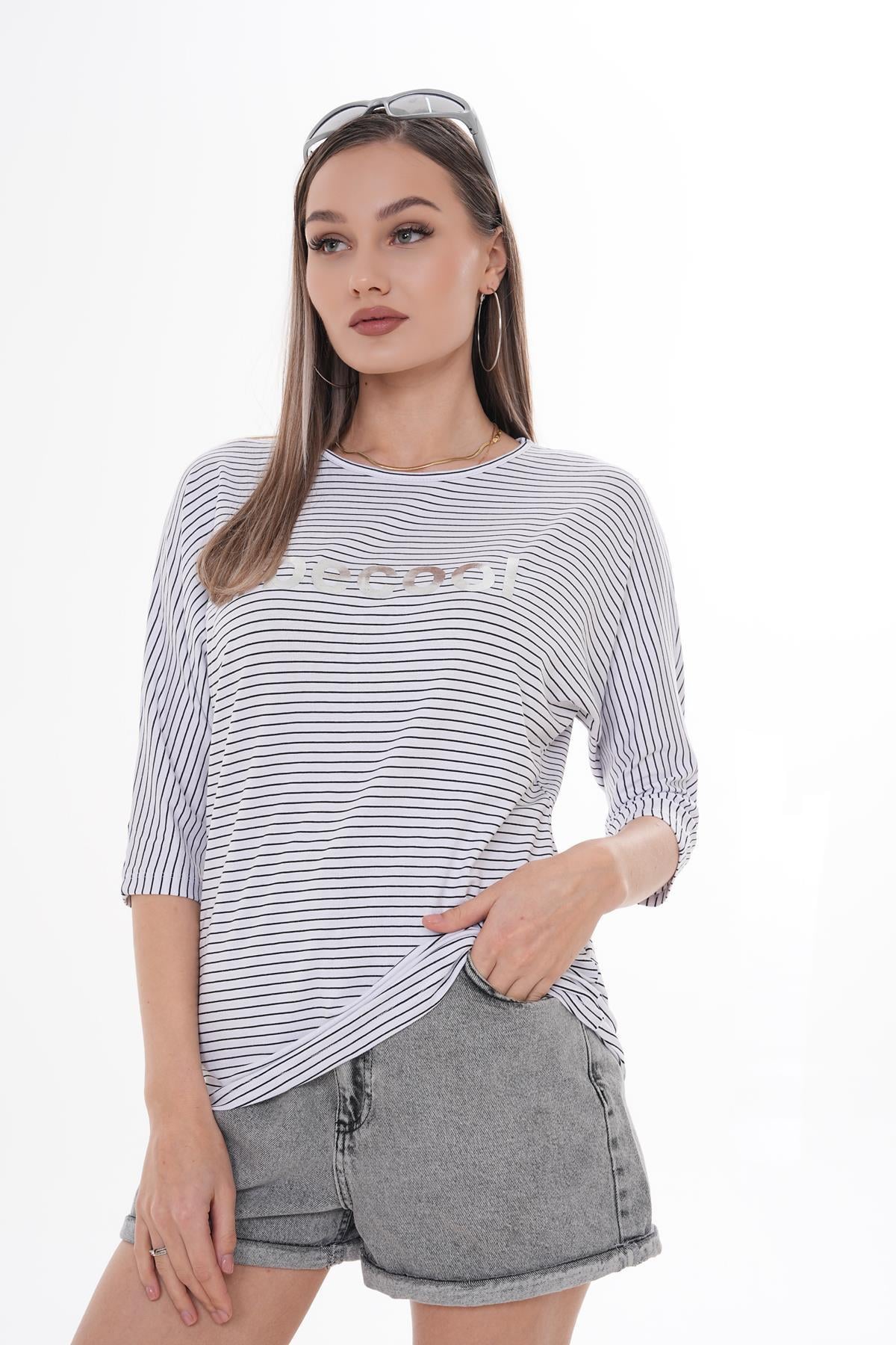 Kadın Becool Baskılı Dirsek Kol Salak Tişört 250020 -