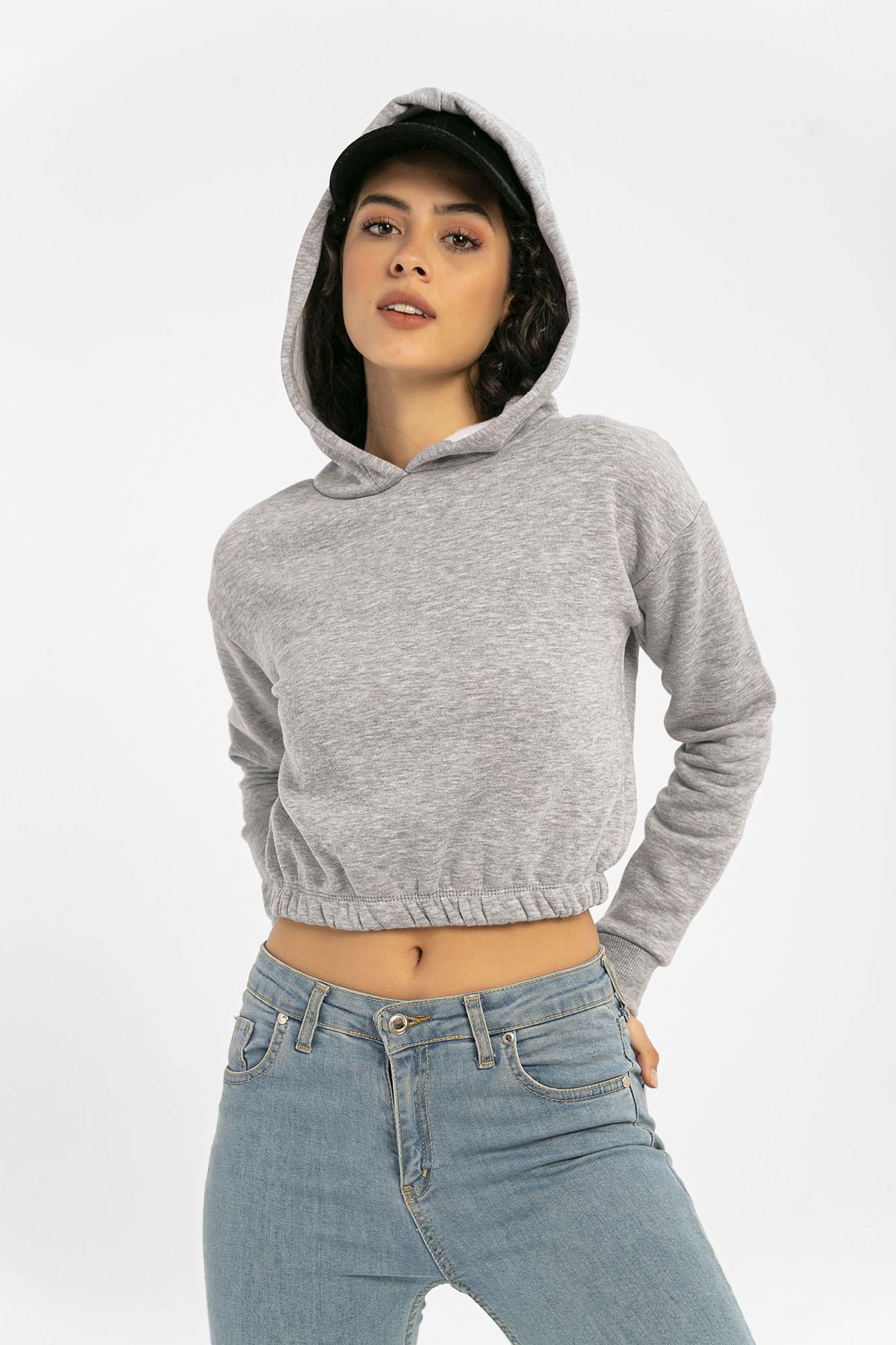 Kadın Beli Lastik Detaylı Kapüşonlu Kısa Sweatshirt