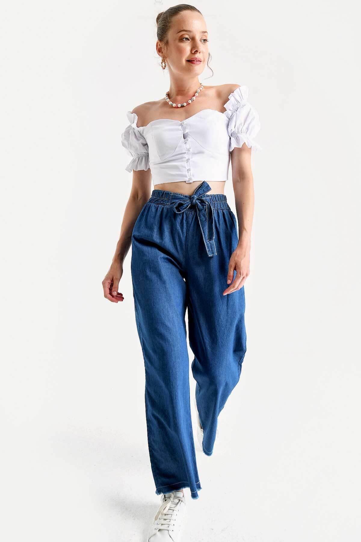 Kadın Beli Lastikli Kuşaklı Bol Paça Jeans Pantolon