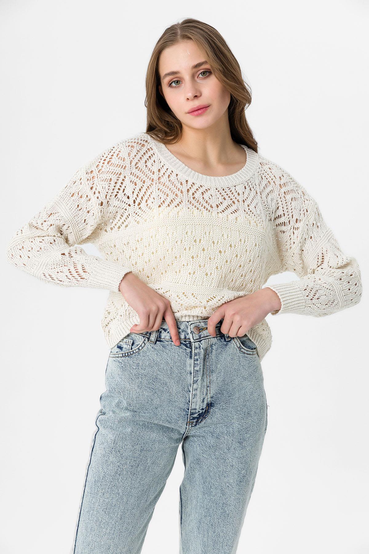 Kadın Bisiklet Yaka Desenli Örme Kazak