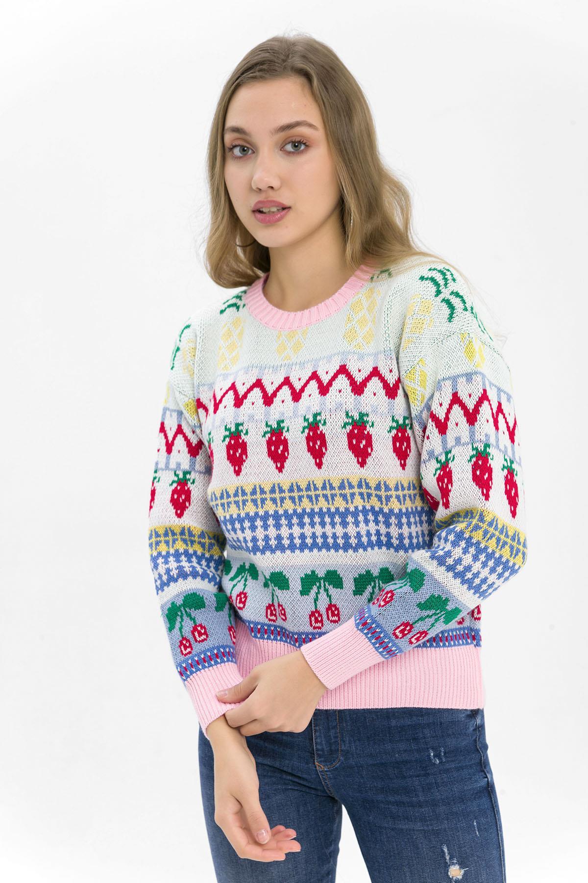 Kadın Bisiklet Yaka Desenli Triko Örme Kazak