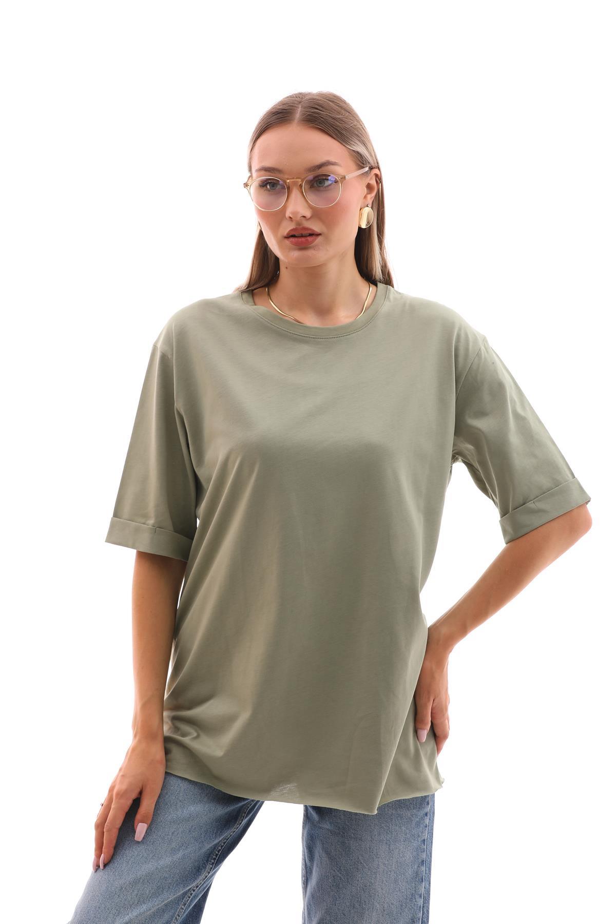 Kadın Bisiklet Yaka Kısa Kol Oversize Tişört