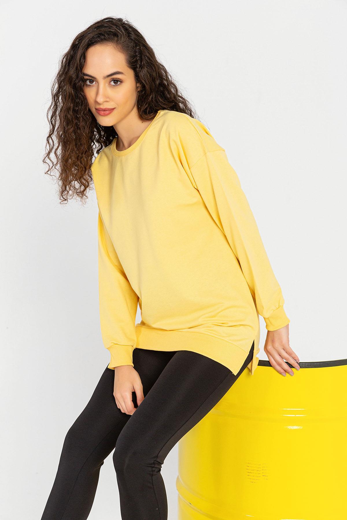 Kadın Bisiklet Yaka Yan Yırtmaç Detaylı Uzun Sweatshirt Y-11111