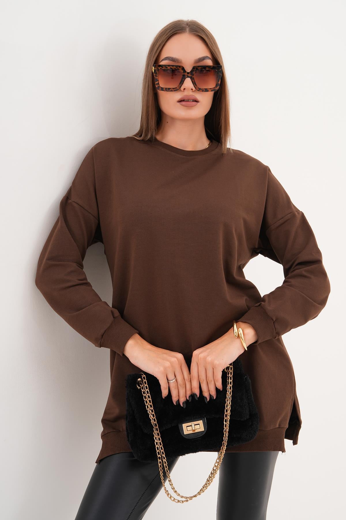 Kadın Bisiklet Yaka Yırtmaç Detaylı Sweat Tunik 255069 -