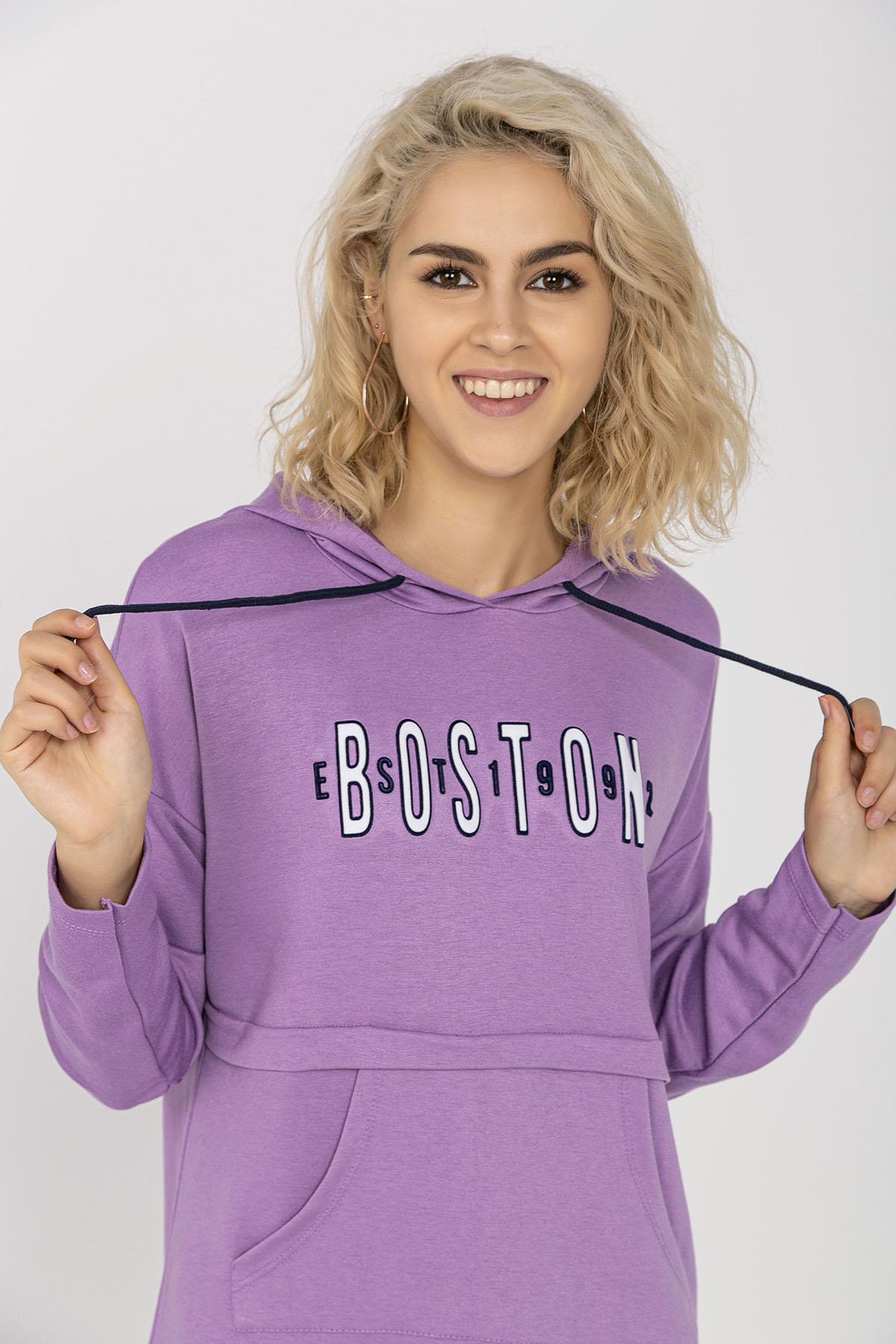 Kadın Boston Kabartma Baskılı Kanguru Cepli Uzun Sweatshirt