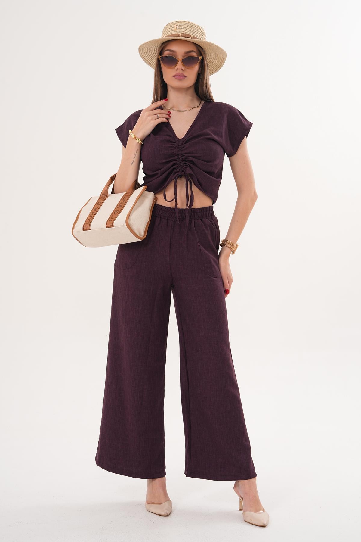 Kadın Büzgü Detaylı Bluz Pantolon Takım - 260011