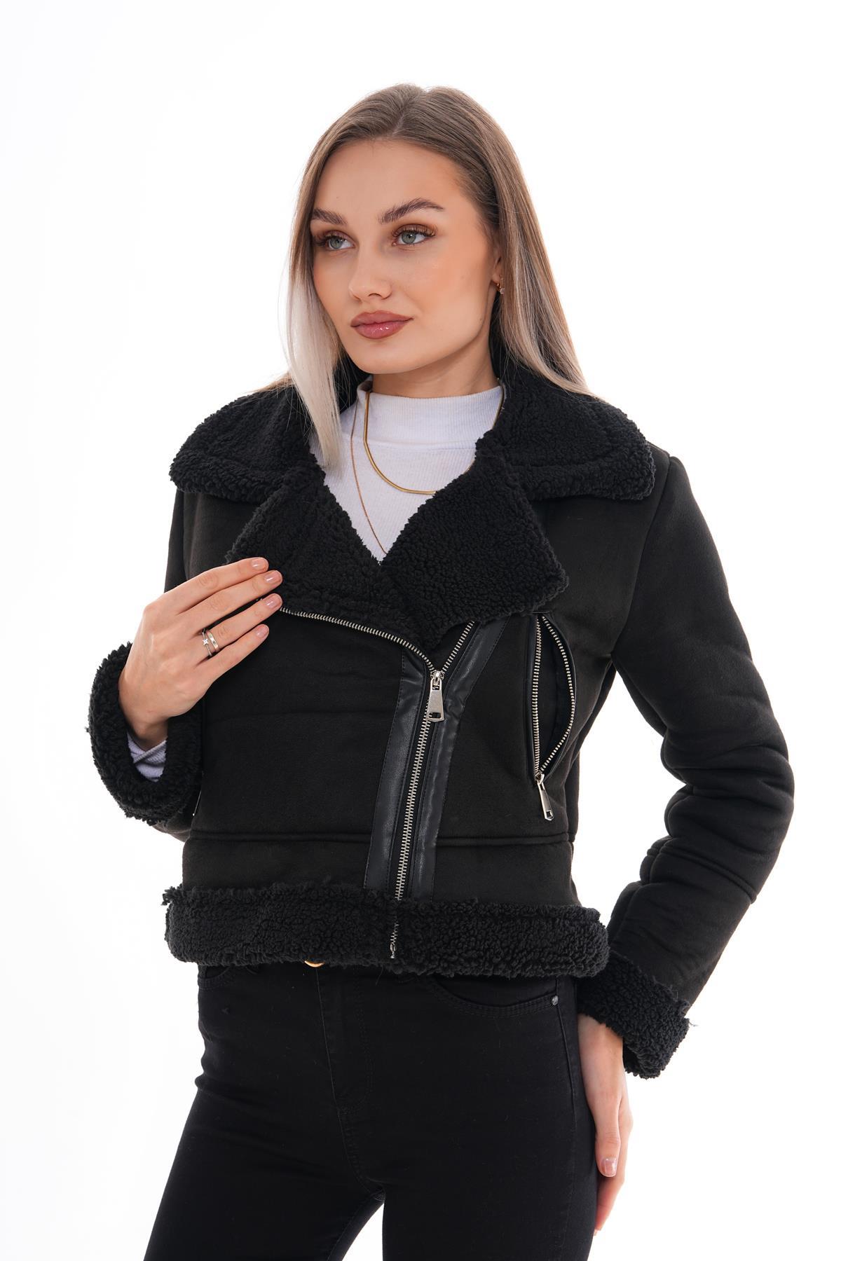 Kadın Çapraz Fermuar Detaylı İçi Peluş Süet Ceket 245372 -